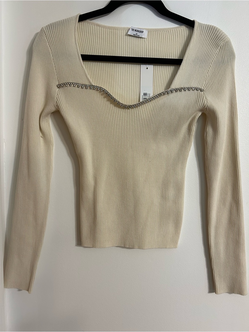 Workshop Republic Clothing Ivory Ribbed Long-Sleeve Top with Rhinestone Trim